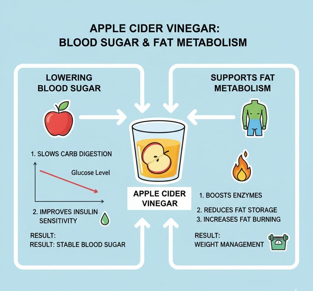 Infographic showing how apple cider vinegar may affect blood sugar and belly fat metabolism