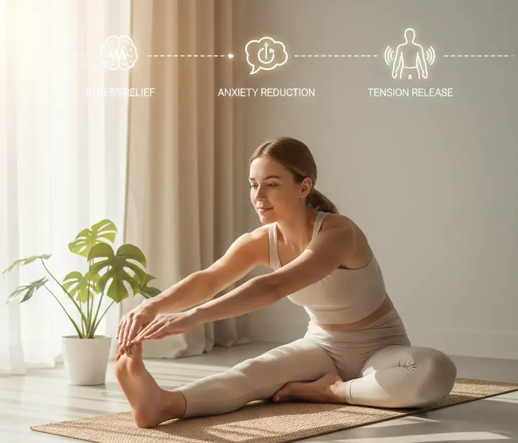 An individual doing light stretching exercises at home can immediately Anxiety and Stress Immediately and calm the nervous system