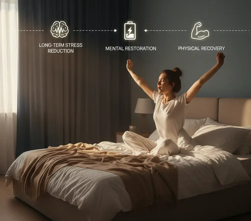 A person waking up refreshed after quality sleep underscores the role of sleep in naturally Anxiety and Stress Immediately