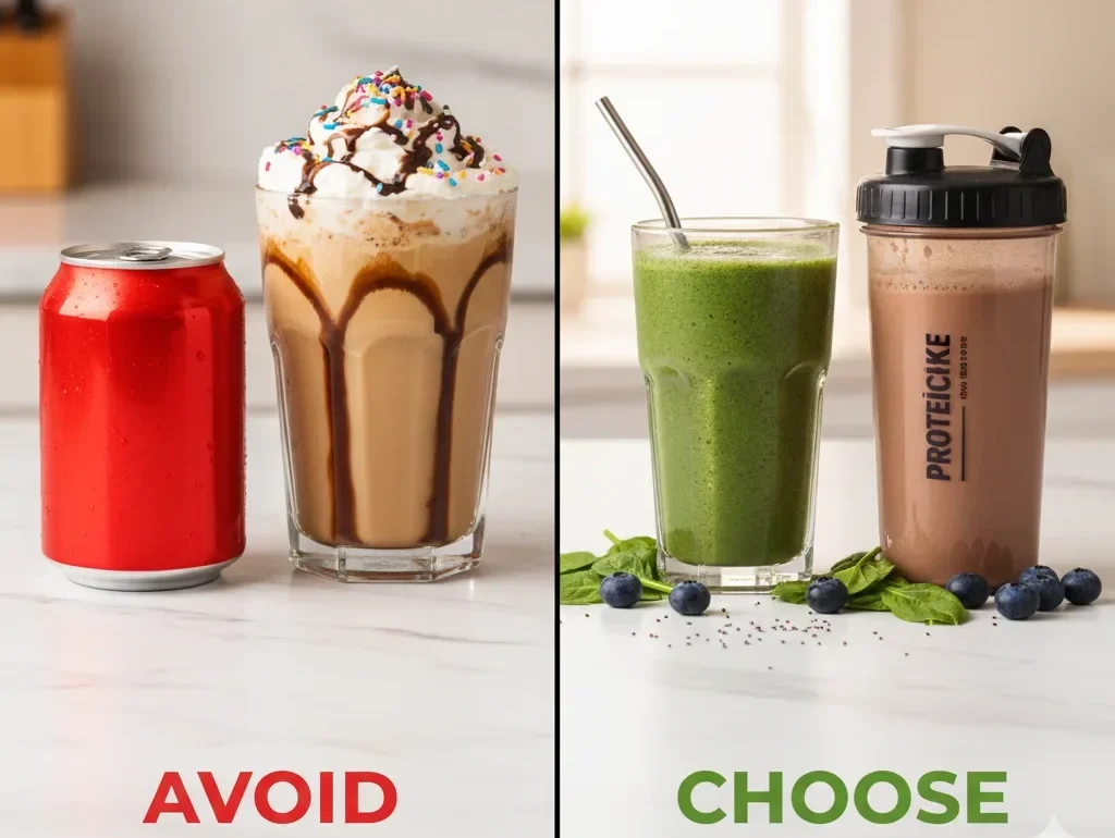 Sugary drinks to avoid and healthy liquid options for a weight loss diet.